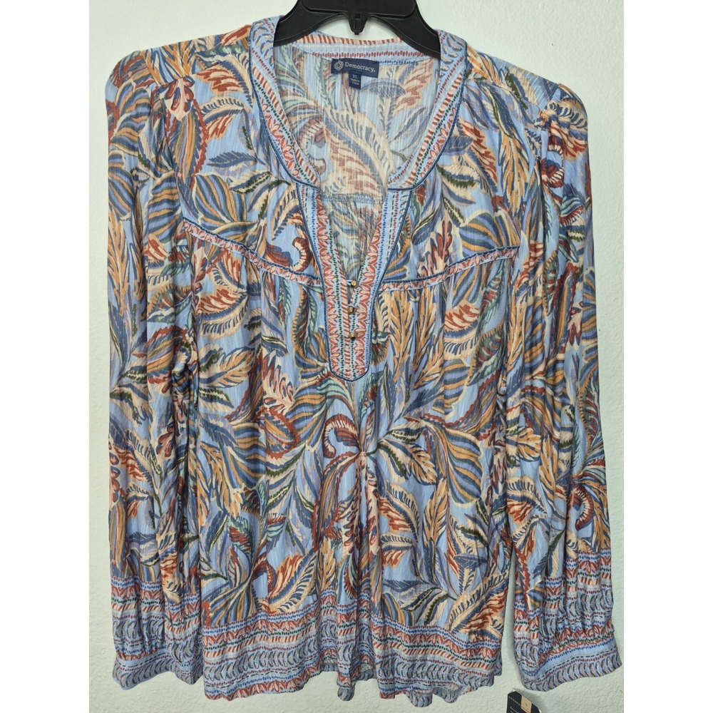 NWT Democracy Womens XL Boho Botanical Leaf Peasant Blouse Long Sleeve Top 21x26